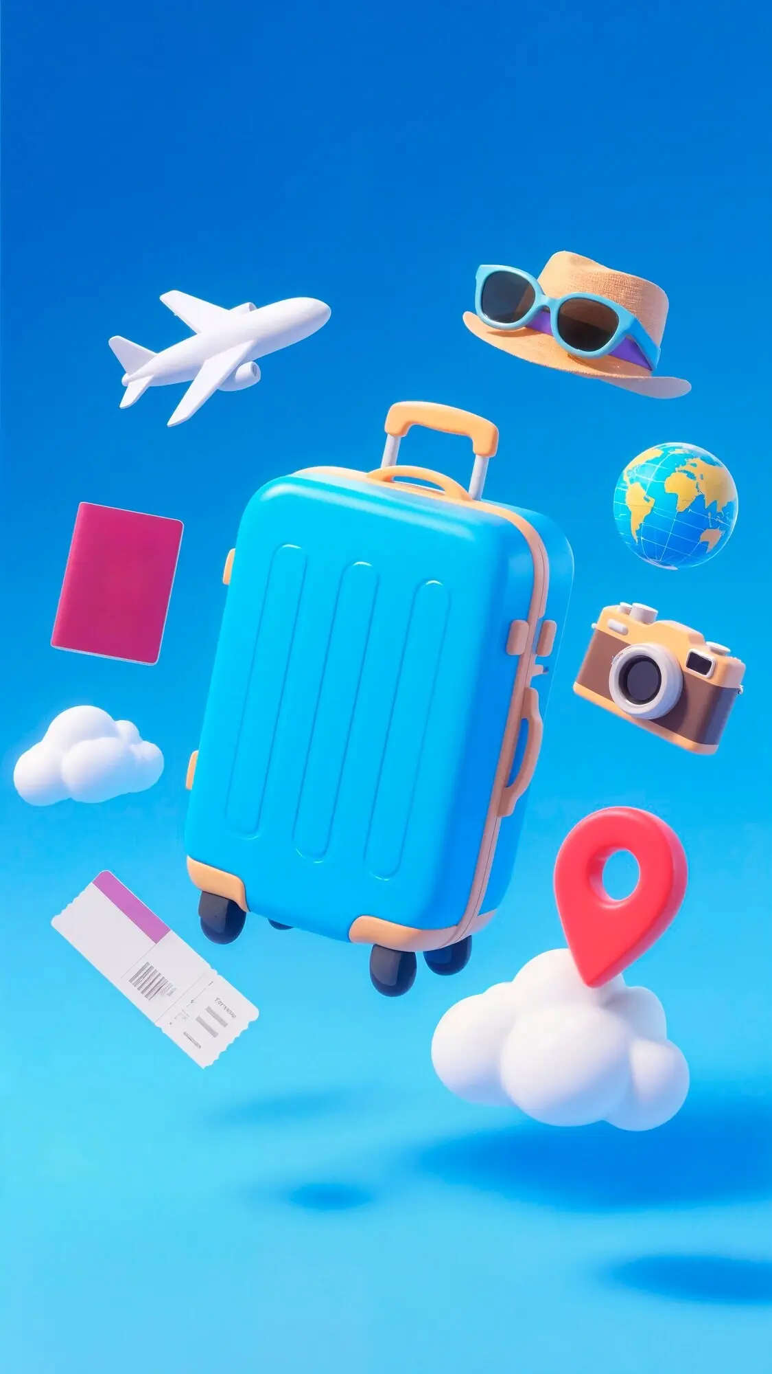 A travel and vacation theme featuring 3D cartoon elements.